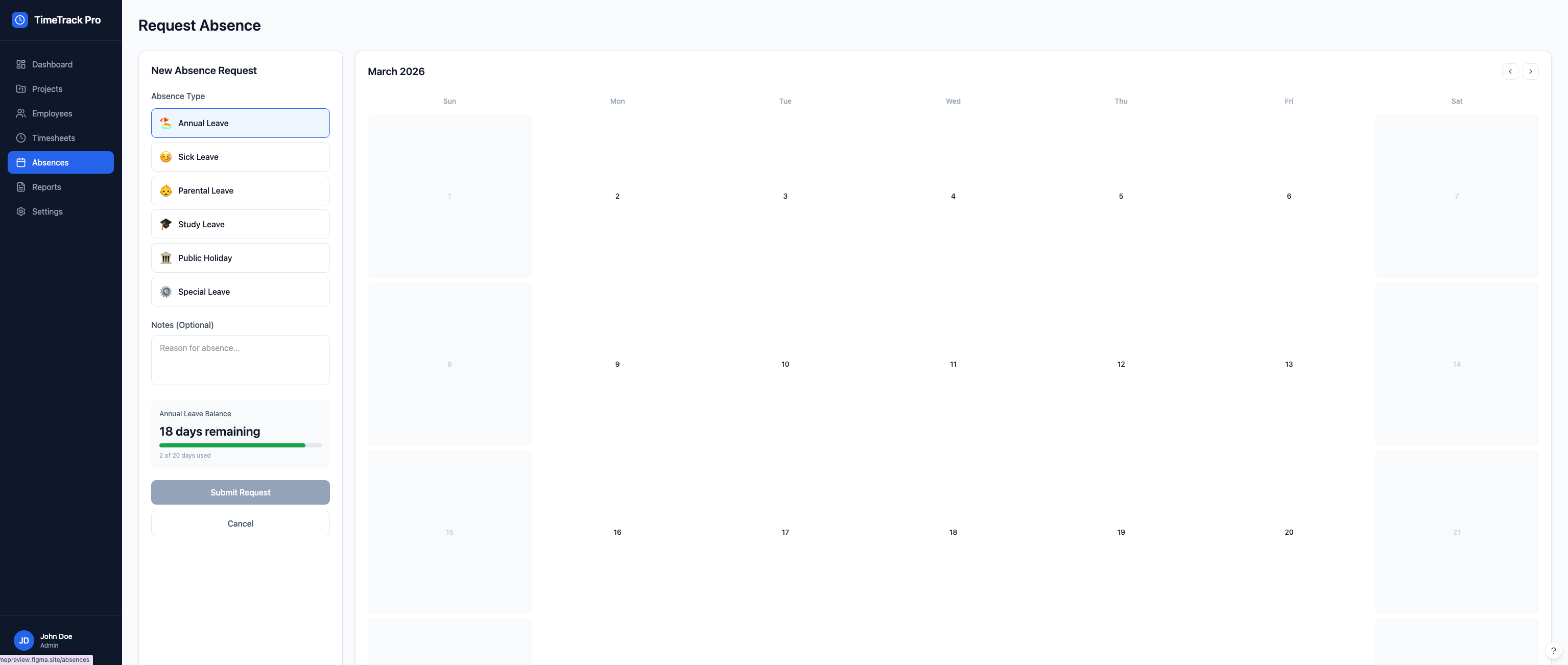 TimeTrack Pro — Absence request with calendar view