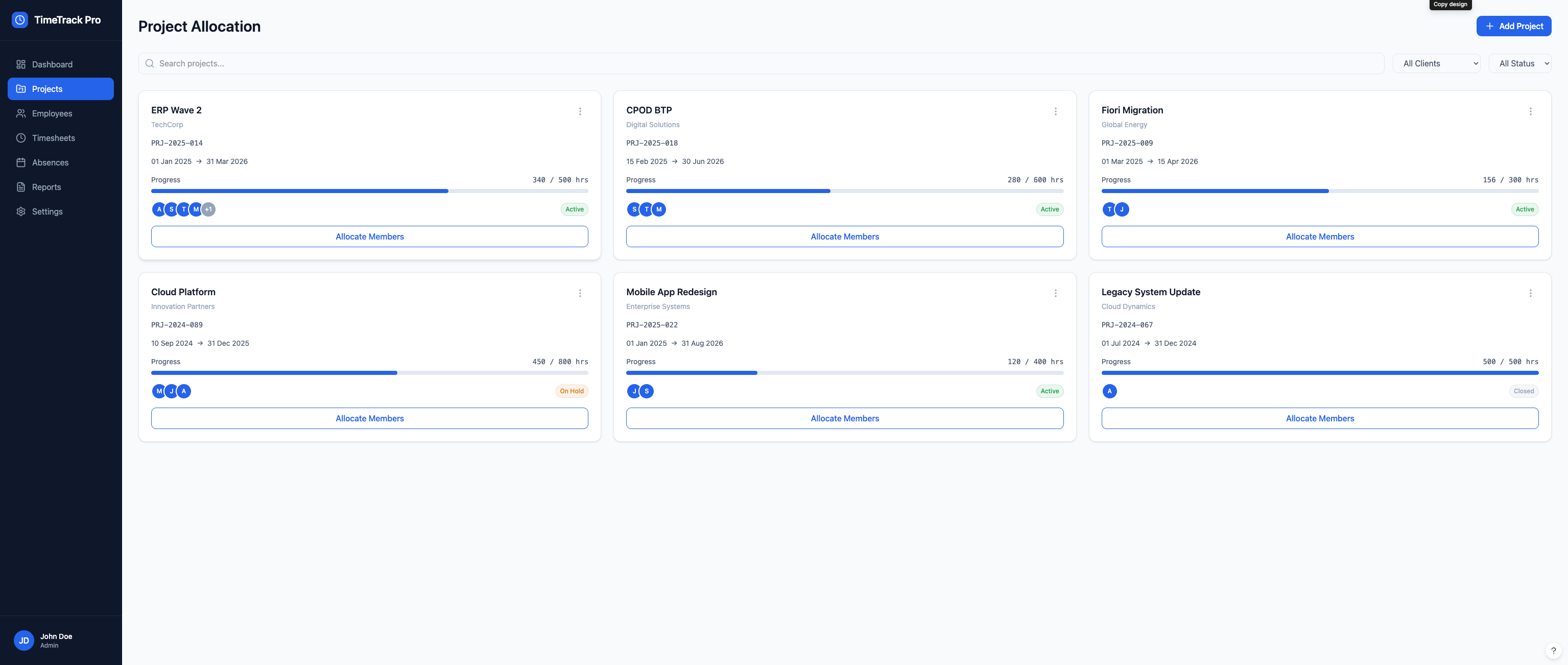 TimeTrack Pro — Project allocation with progress tracking