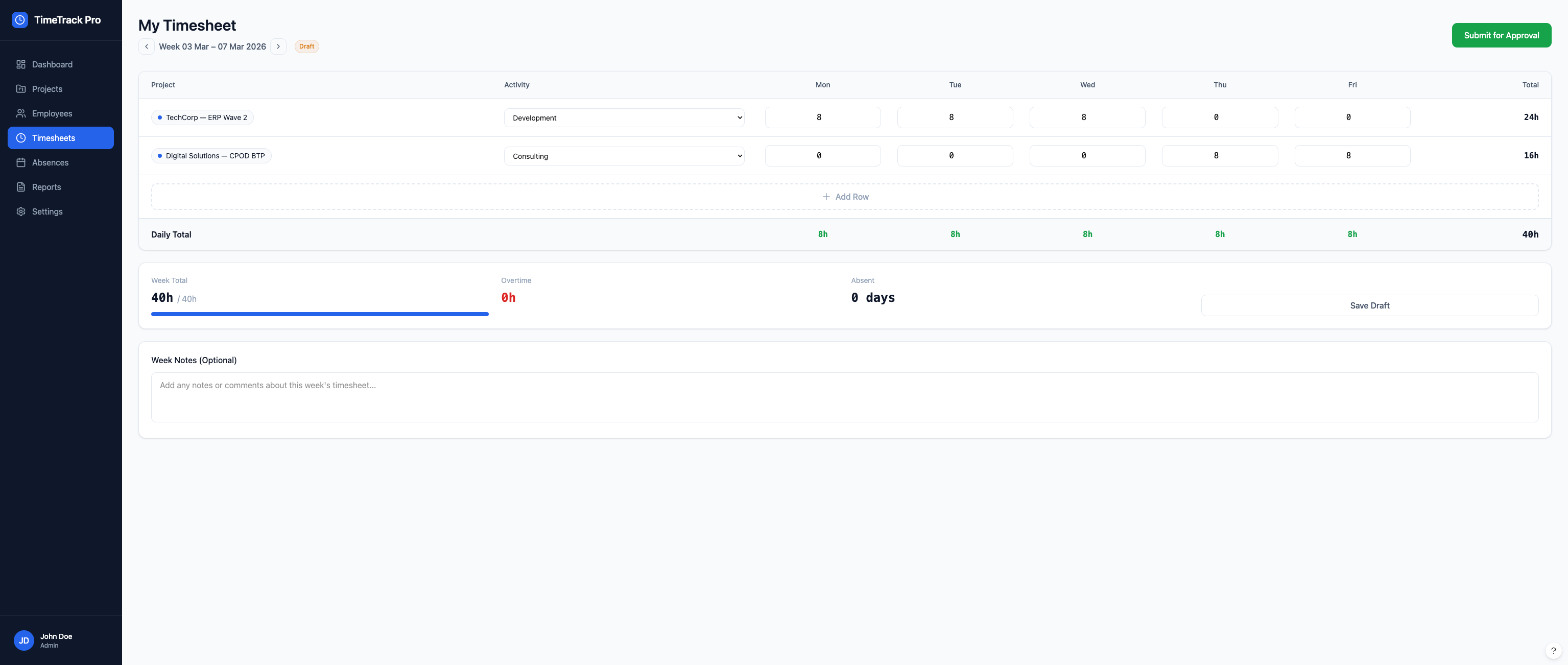 TimeTrack Pro — Weekly timesheet entry with project hours